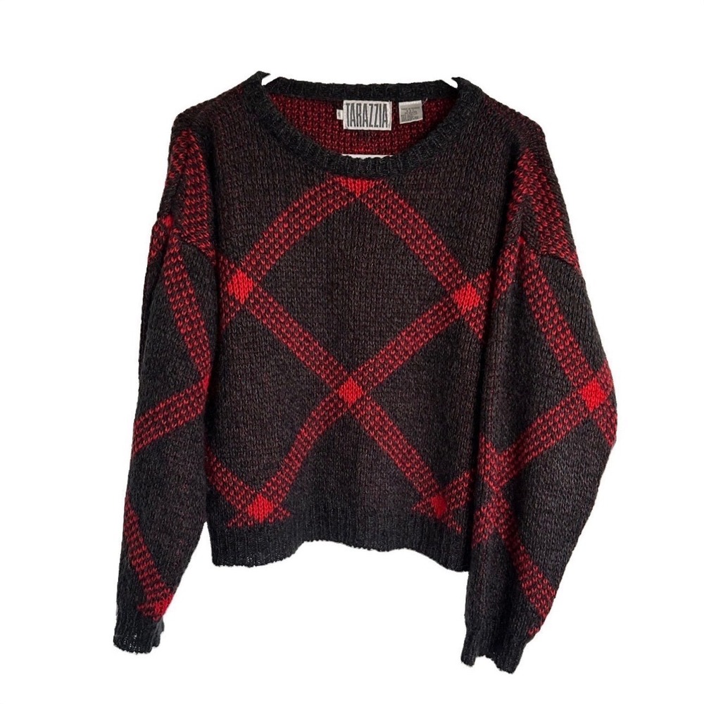Tarazzia Vintage Knit Sweater Womens Small Red Gray Argyle Wool Blend Pullover